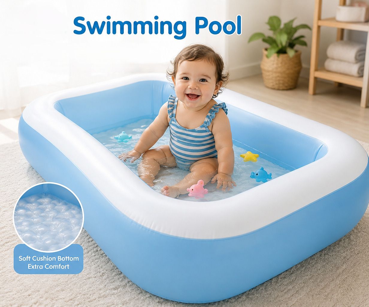 Portable Bath Tub Pool for Toddlers & Children | Blue Rectangular Air Pool Inflatable Swimming Pool, Swimming Safety Tube-image-35