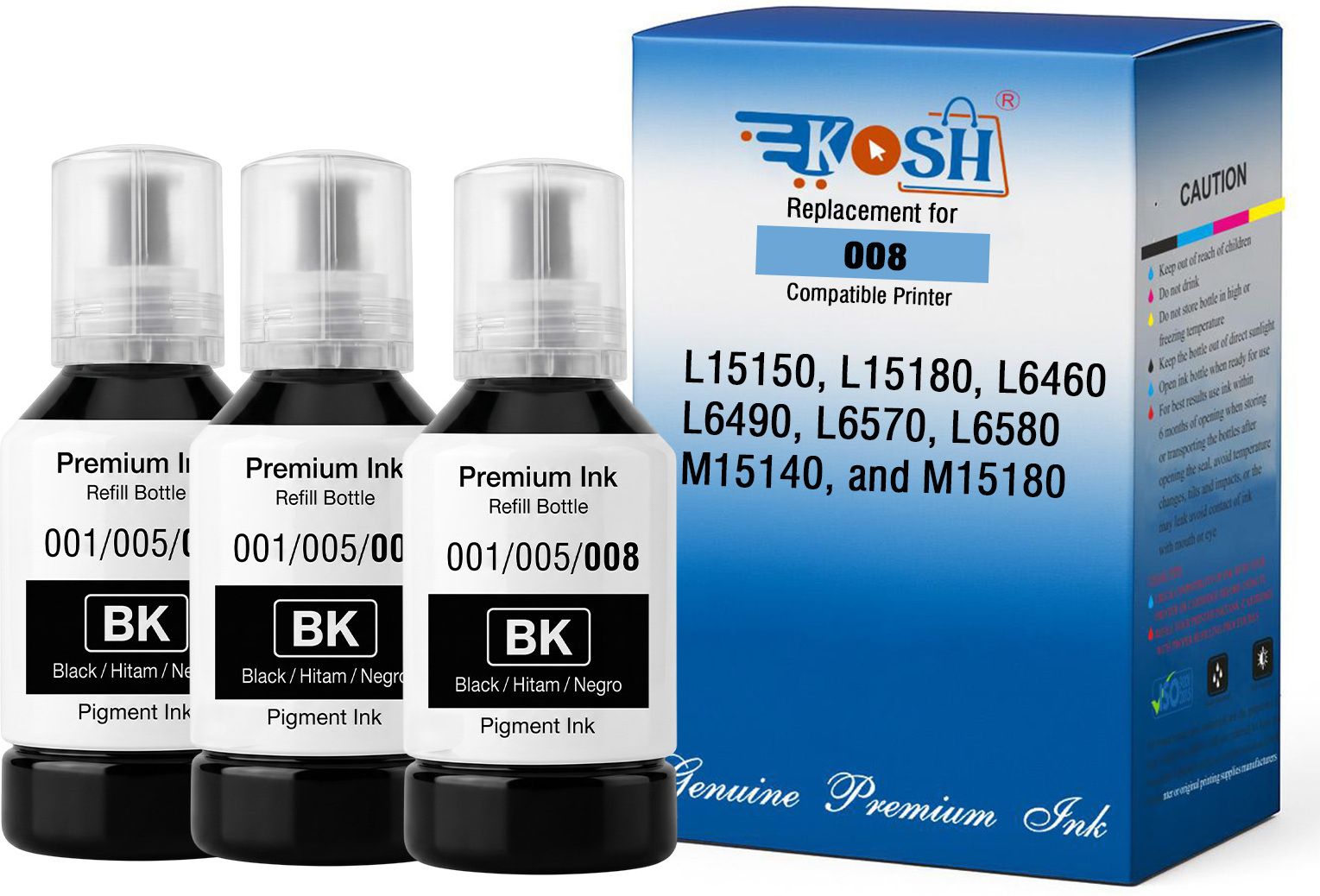 Kosh 008 Pigment Compatible Ink for L15150, L15180, L6460, L6490, L6570 Printers 3Pic Black Ink Bottle-image-14