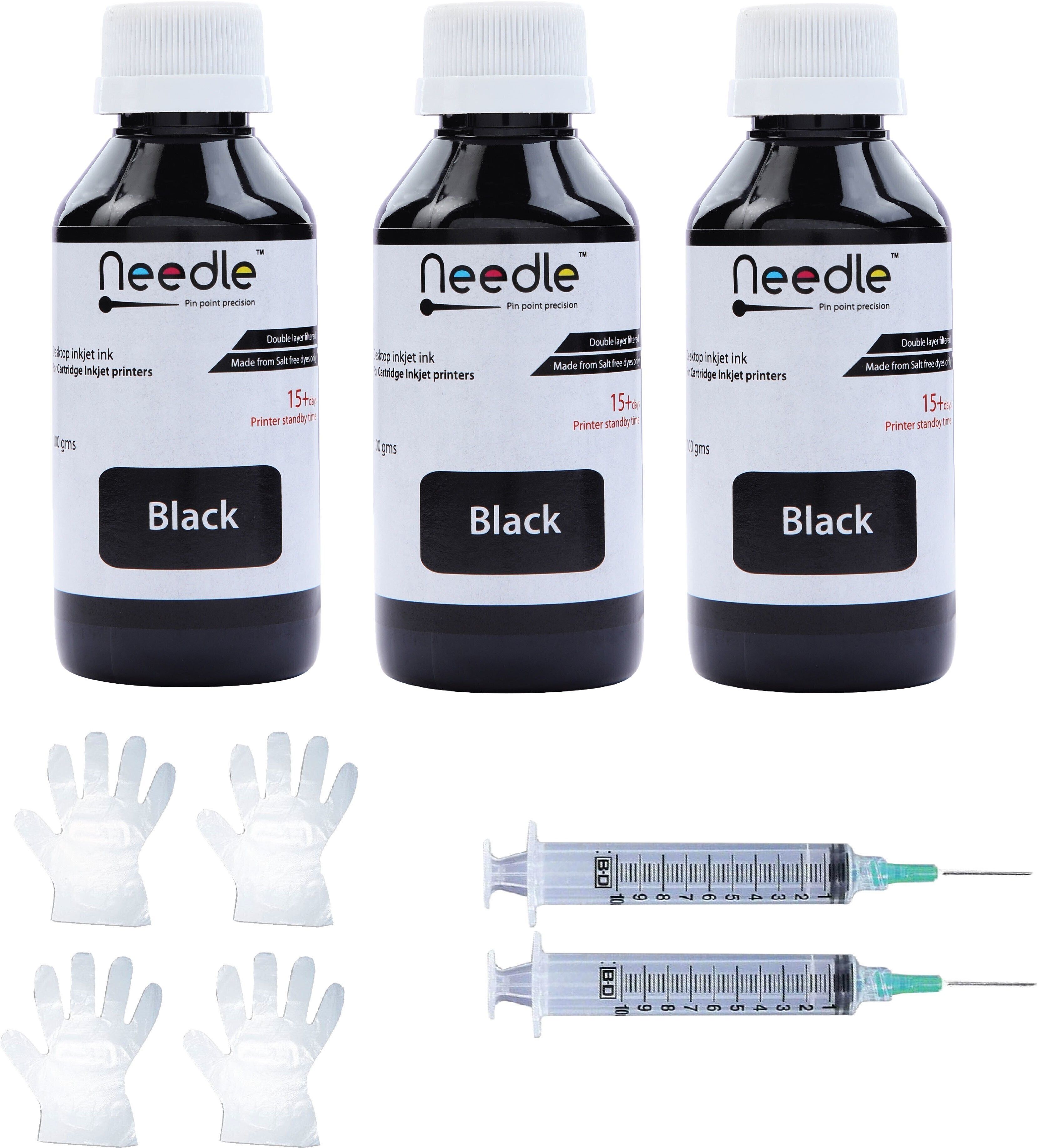 needle 3x100 gms ink refill for cartridge printers black ink bottle