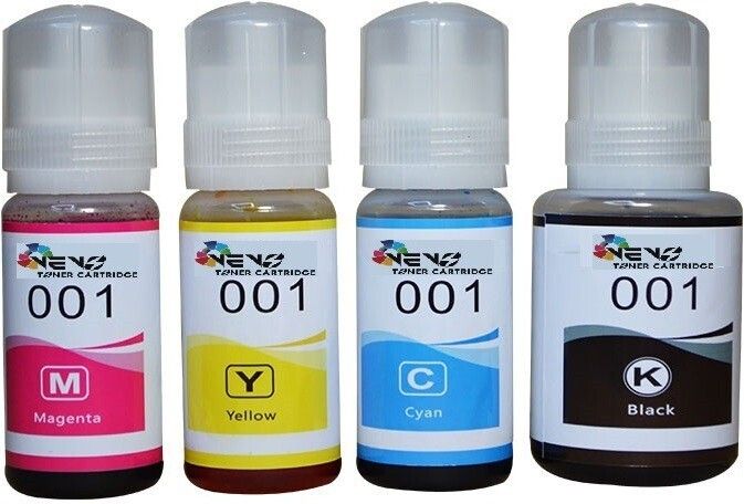 vevo toner cartridge 001 premium quality original ink for epson l4150-l4160-l6160-l6170-l6190 ink tank printer (black pigment pbk 127ml & cmy dye 70ml ink) black + tri color combo pack ink bottle