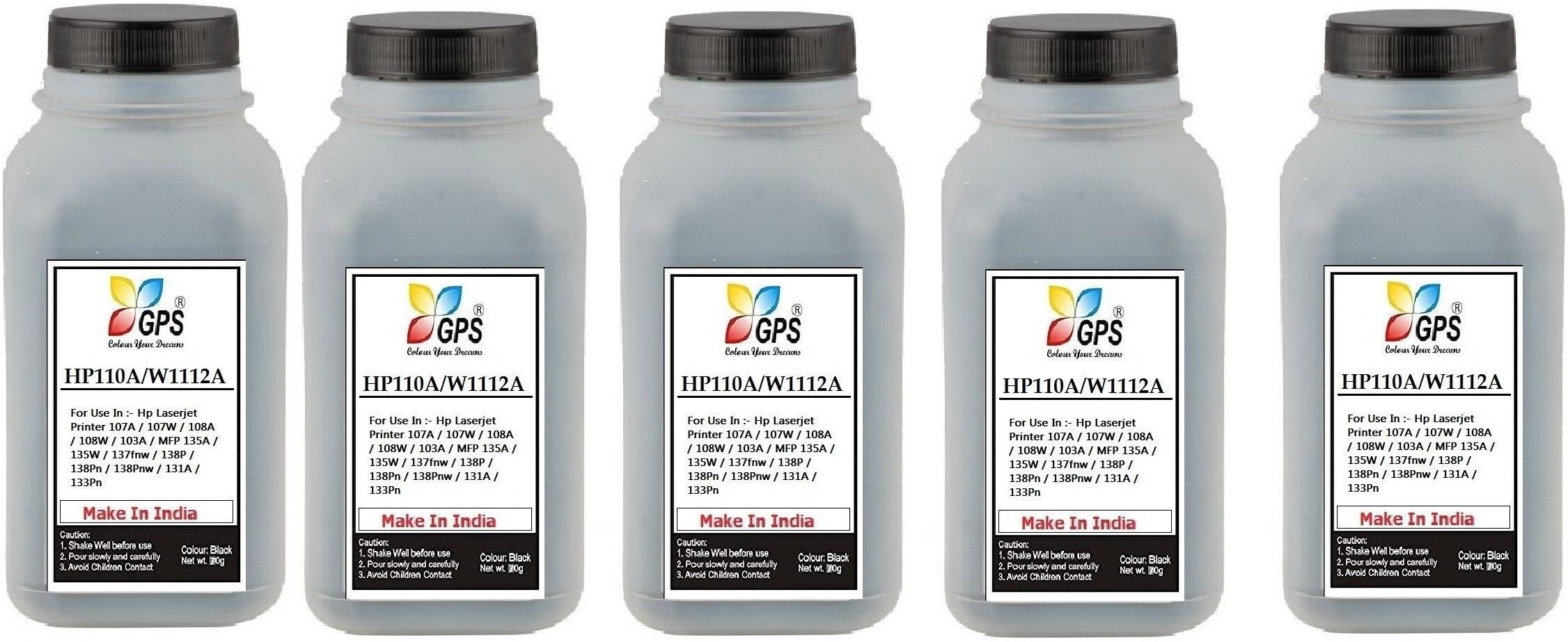 Black Gps Hp 110A / W1112A Toner Cartridge Refill Powder For Use HP Printer 108, 108a, 108w, 131, 131a, 136, 136a, 136w, 136nw, 138, 138fnw Pack Of 5 Bottle With Nozlle 80Gms. Each. Black Ink Toner Powder-image-27