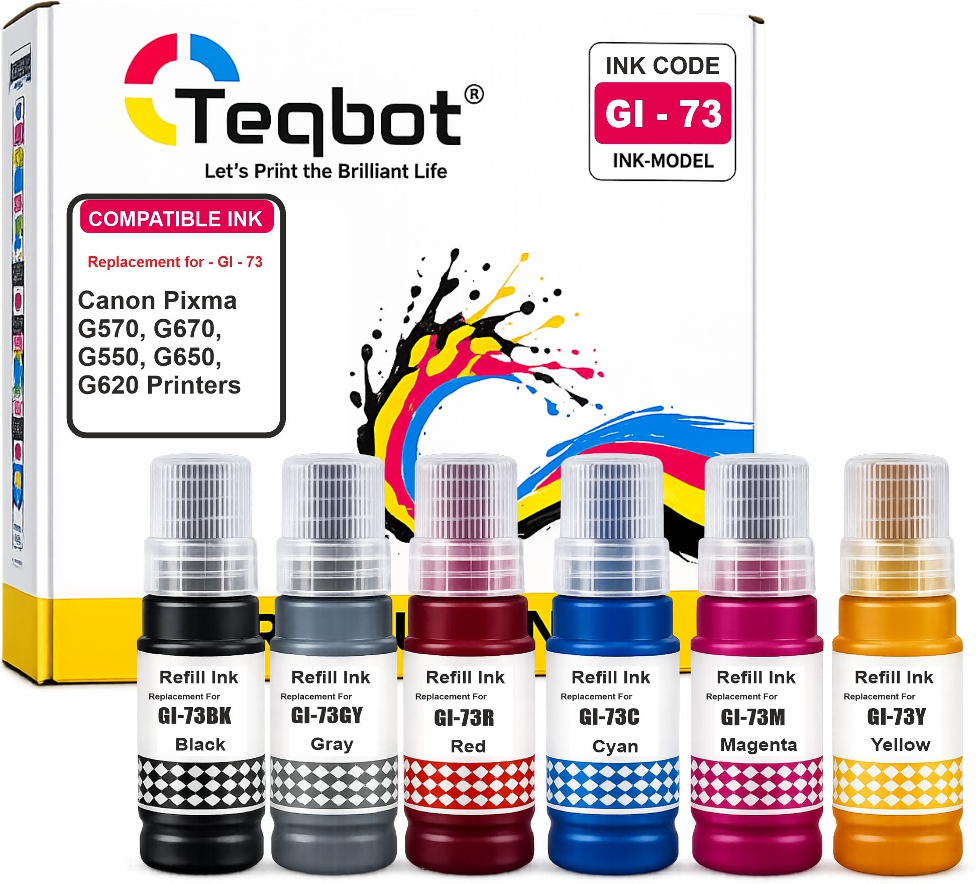 Teqbot GI-73 Ink Bottle Compatible for Canon Pixma G570, G670, G550,G650,G620 Red,Gray, Black + Tri Color Combo Pack Ink Bottle-image-37