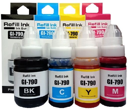 verena high quility refill ink gi 790 use for canon pixma g1000,g1010,g1100(pack of 4) black + tri color combo pack ink bottle