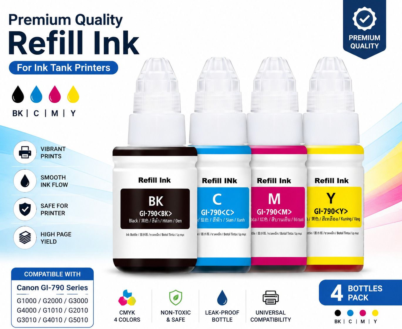 Flicker GI 790 Ink for Canon,G2000,G2002,G2010,G2012,G2100,G3000,G3010,G3012Printer Black + Tri Color Combo Pack Ink Bottle-image-23