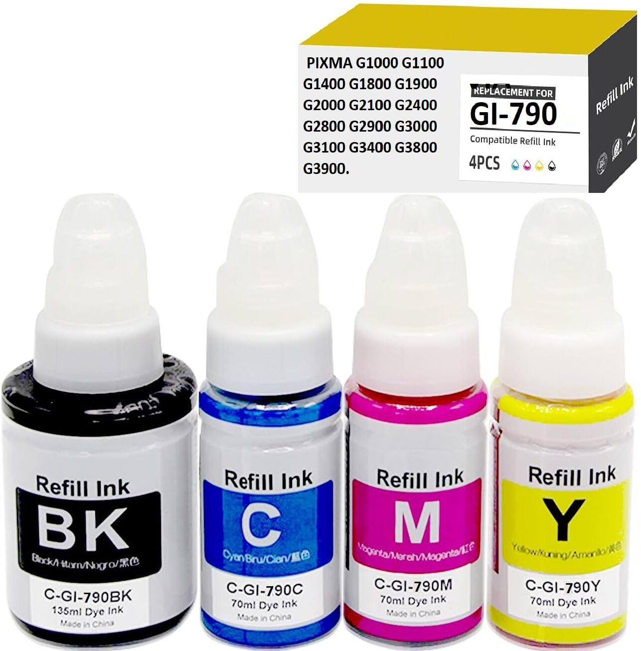 Haedlink Canon Ink for PIXMA GI 790-G1000,G2000,G3000,G4000,G2010,G3010 Pack of 4 Black + Tri Color Combo Pack Ink Bottle