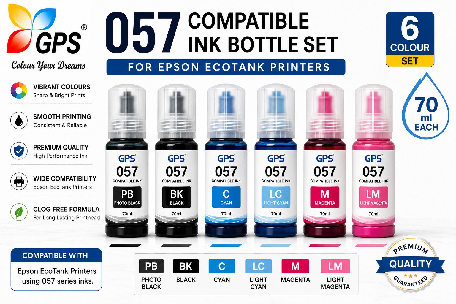 GPS Colour Your Dreams 057 Compatible Ink Bottle Set for Epson EcoTank Printers | 70ml Each |6 Colour| Black - Twin Pack Ink Bottle-image-46