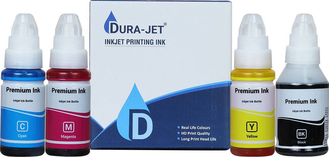 dura-jet gi790 refill ink for cn pixma g2010, g2000, g3000 (135gm x bk) (70gm x c/m/y) black + tri color combo pack ink bottle