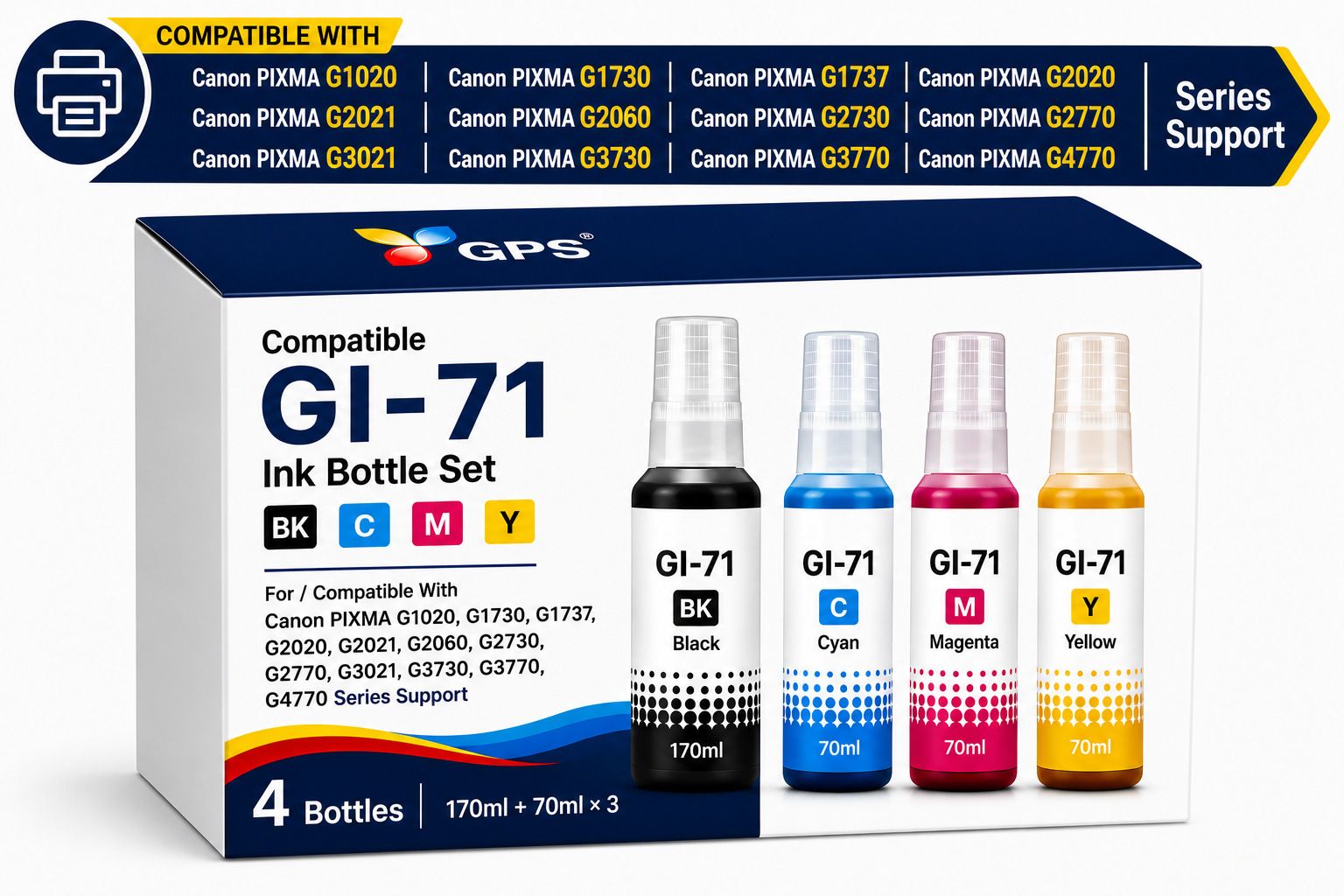 GPS Colour Your Dreams Compatible Canon GI-71 Ink Bottle Set CMYK 4 Color Pack Black - Twin Pack Ink Bottle-image-16