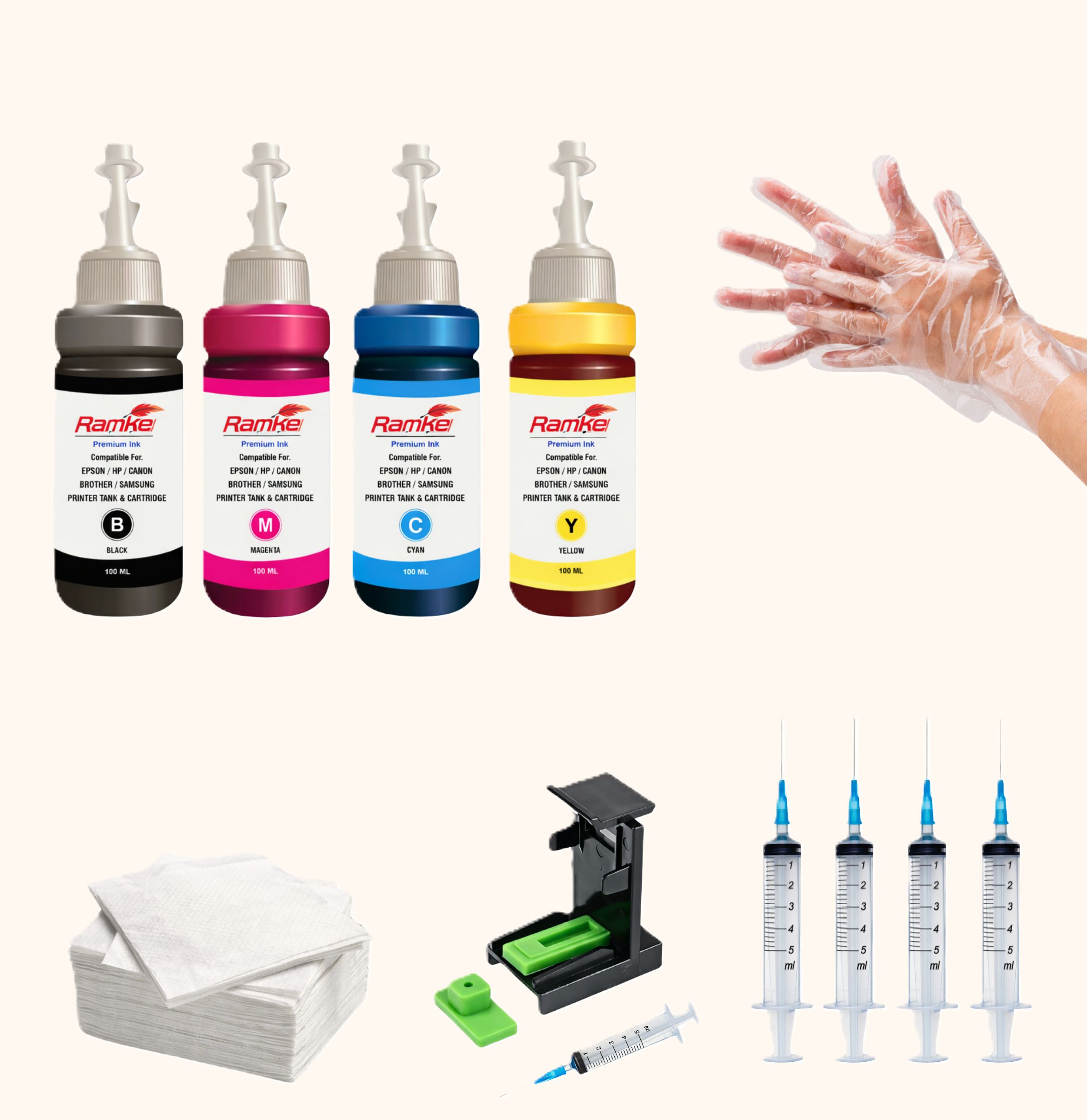 ramke refill ink kit compatible for canon mp287 printers black + tri color combo pack ink bottle