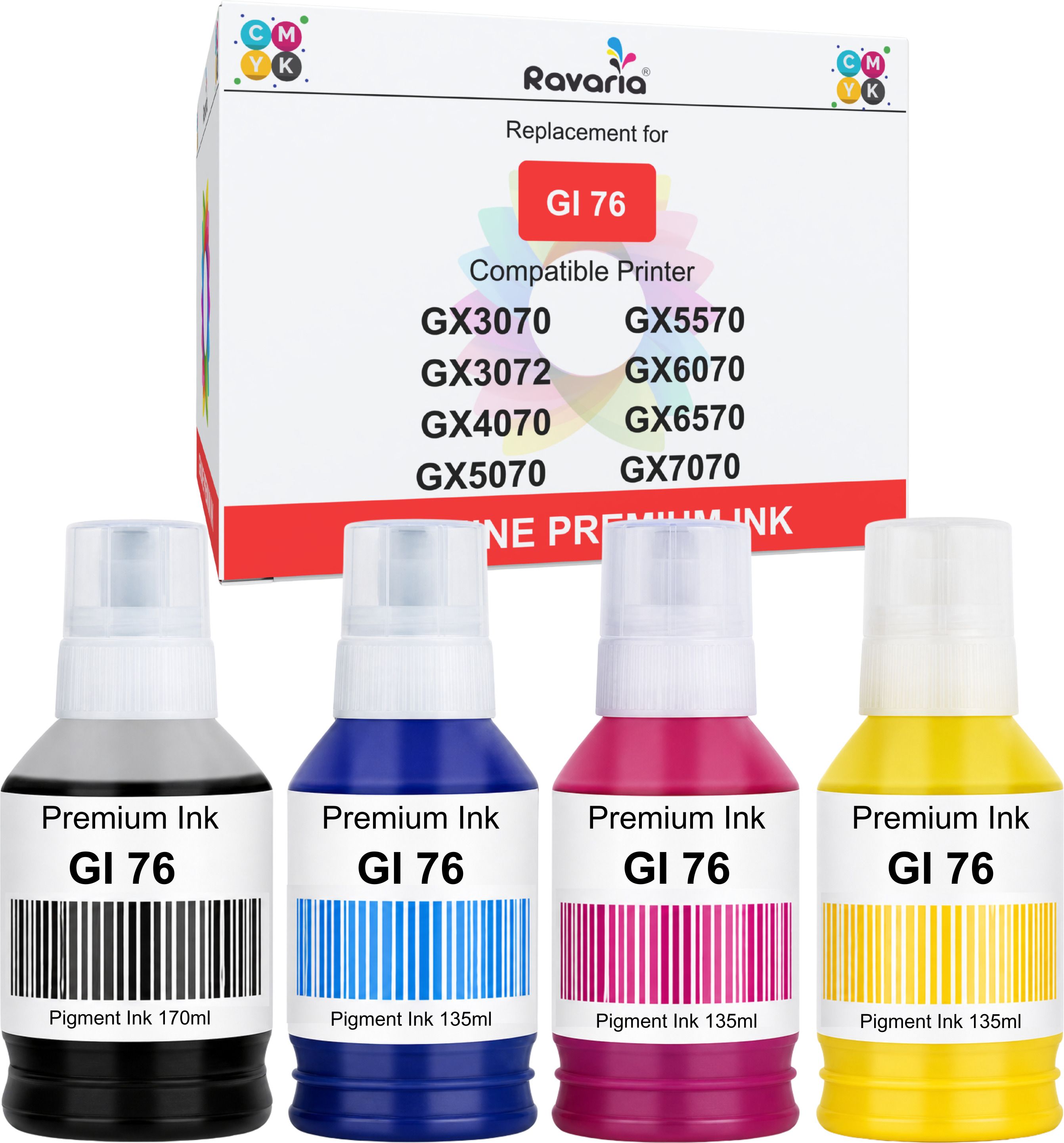 Ravaria GI 76 compatible ink for Maxify GX3070 GX3072 GX4070 GX5070 GX5570 printer Black + Tri Color Combo Pack Ink Bottle-image-2