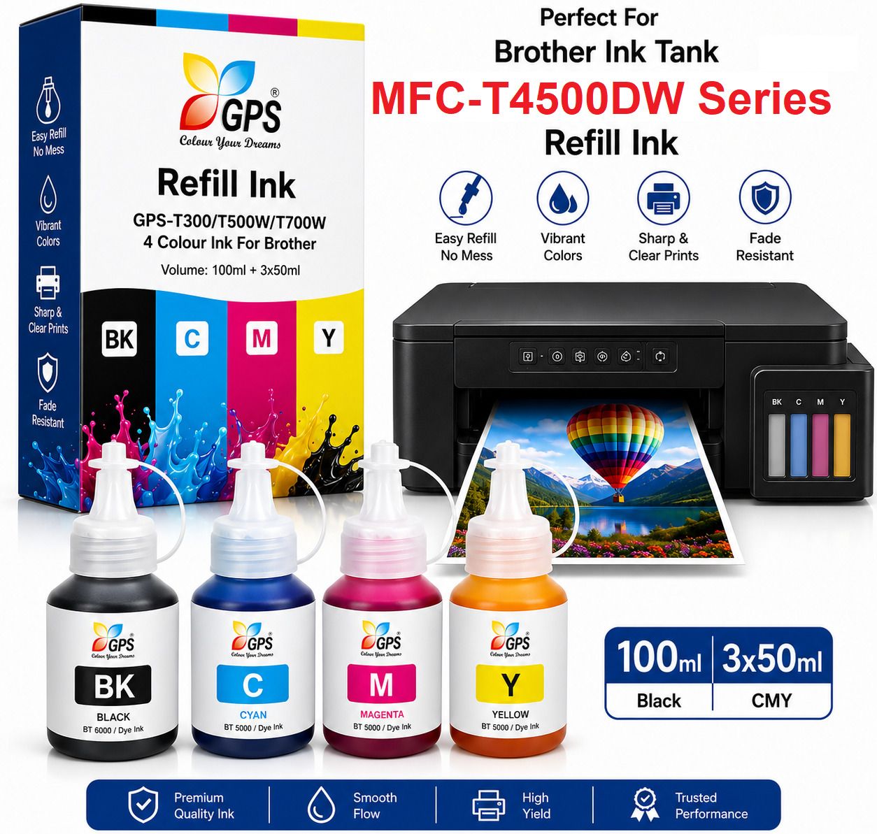 GPS Colour Your Dreams Brother MFC-T4500DW Printer Compatible with Brother BTD60BK & BT5000 Ink Series Tri-Color Ink Bottle-image-16