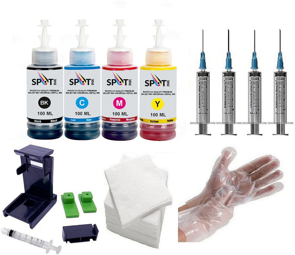 spotink Refill ink compatible For Canon MP287,iP2770,iP2772,MP237,245,258,276,287,MP486 Black + Tri Color Combo Pack Ink Bottle