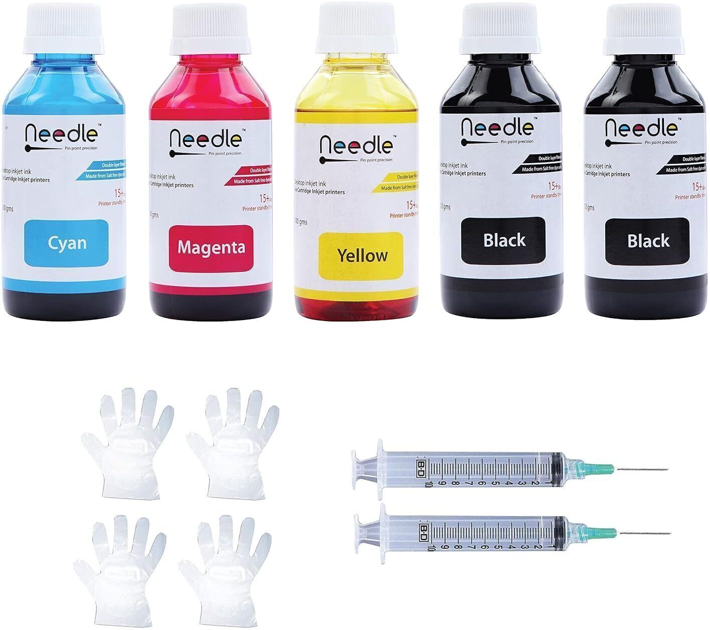 Needle 5x100 gms Ink Refill for Cartridge Printers Black + Tri Color Combo Pack Ink Bottle-image-38