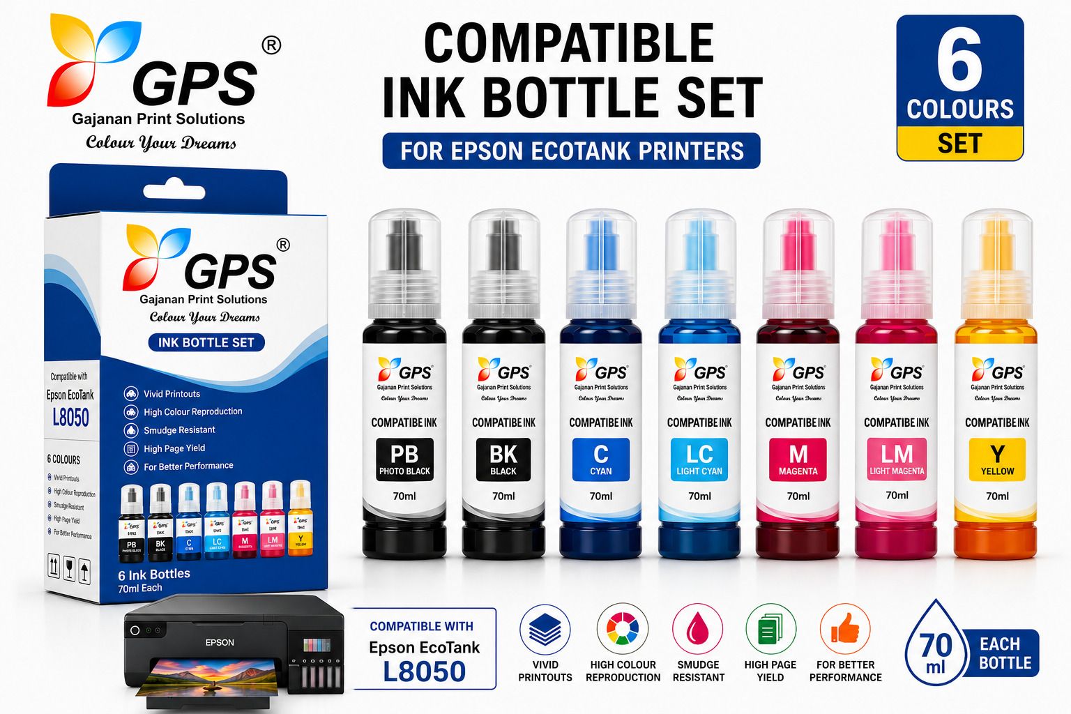 GPS Colour Your Dreams Epson EcoTank L8050 Printer Compatible Ink Bottle Set | 70ml Each |6 Colour| Black - Twin Pack Ink Bottle-picture-35
