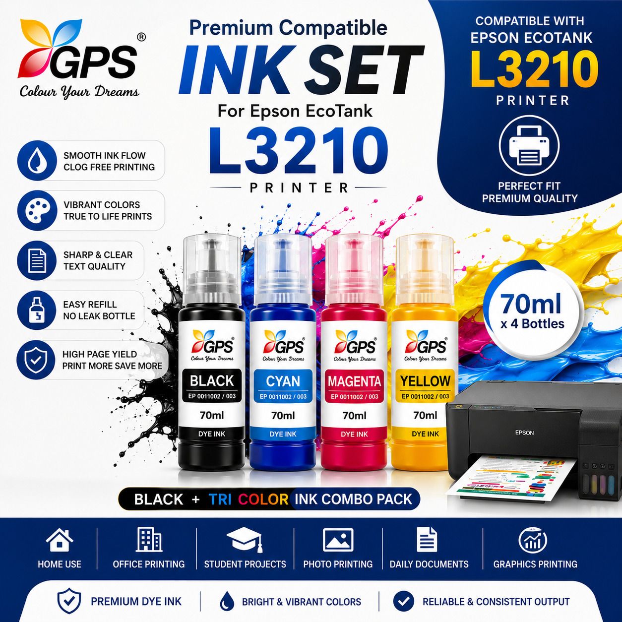 GPS Colour Your Dreams Epson EcoTank L3210 Compatible Ink 001 / 003 Ink Set Black + Tri Color Combo Pack Ink Bottle-image-11