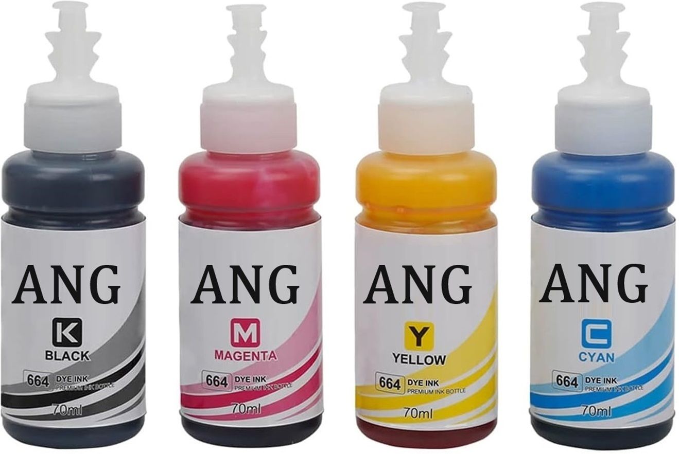 Ang T664 Ink For Epson L130,L380,L220,L360,L455 Printers - (C/M/Y/Bk - 70g x 4) Black + Tri Color Combo Pack Ink Bottle-image-45