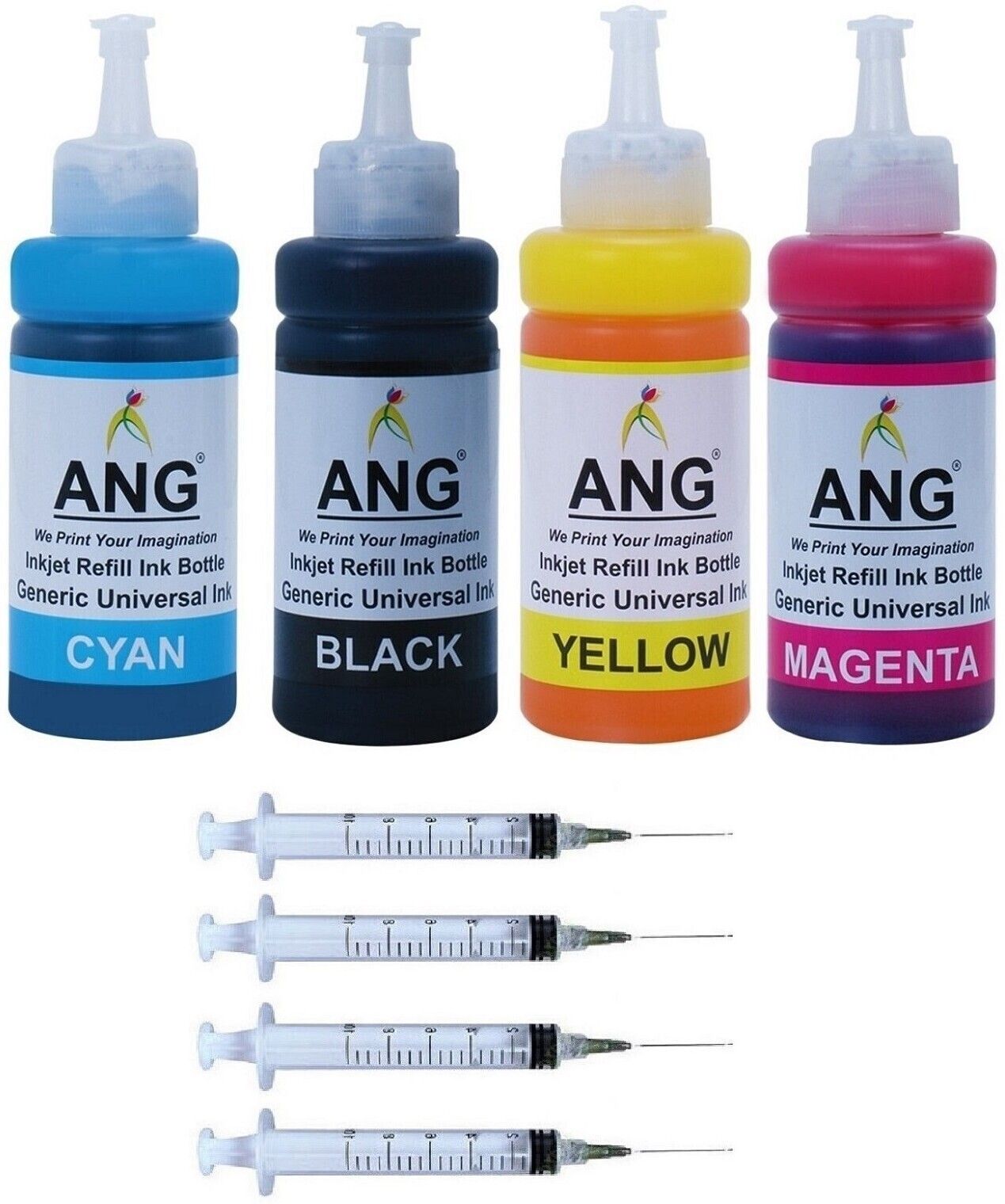 Ang Refill ink For HP DESKJET 2621 AIO Printer 100 ML Each Bottle With 4 syringes Black + Tri Color Combo Pack Ink Cartridge-image-1