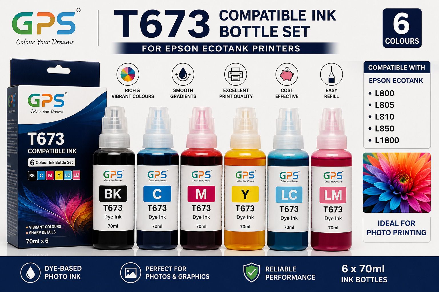 GPS Colour Your Dreams T673 Compatible Ink Bottle Set for Epson EcoTank L800, L805, L810, L850, L1800 Black - Twin Pack Ink Bottle-picture-12