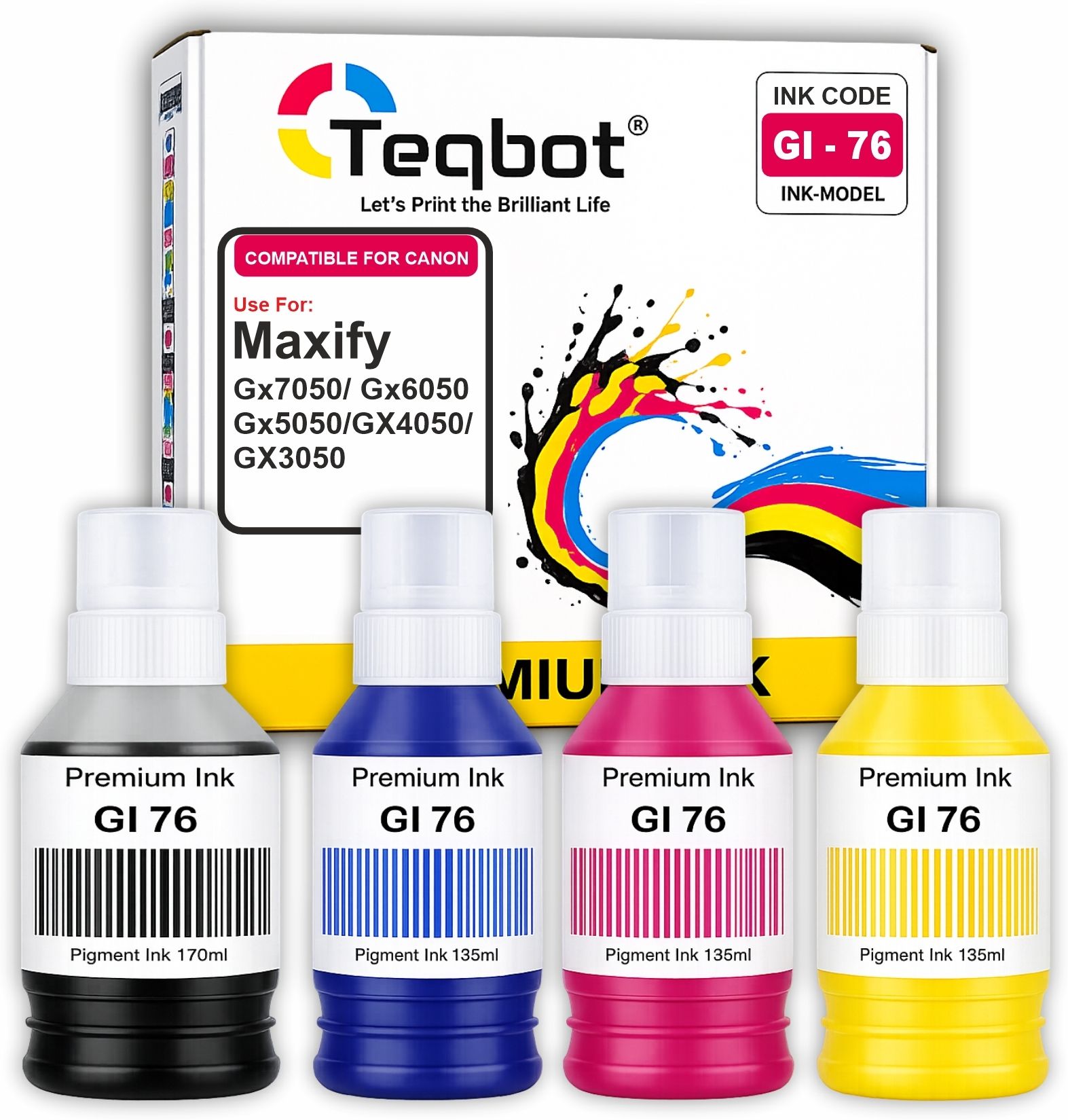 Teqbot GI 76 Pigment compatible ink for Canon Maxify GX3070 GX3072 GX4070 GX5070 GX5570 Black + Tri Color Combo Pack Ink Bottle-picture-28