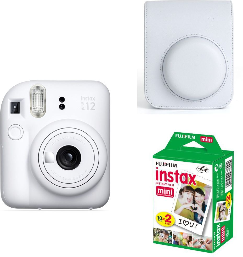 fujifilm instax mini 12 clay white instant film camera with pu leather carrying bag and 10x2 film instant camera