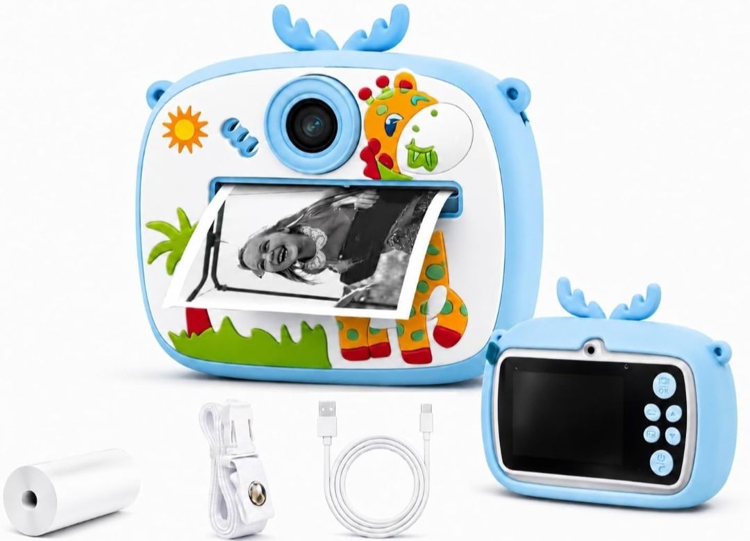 HAPPY CHAPPIE DIY INSTANT PHOTO PRINTER CAMERA Kids Instant Print Camera HD Thermal Camera Rechargeable Cartoon Giraffe Blue Instant Camera-image-3