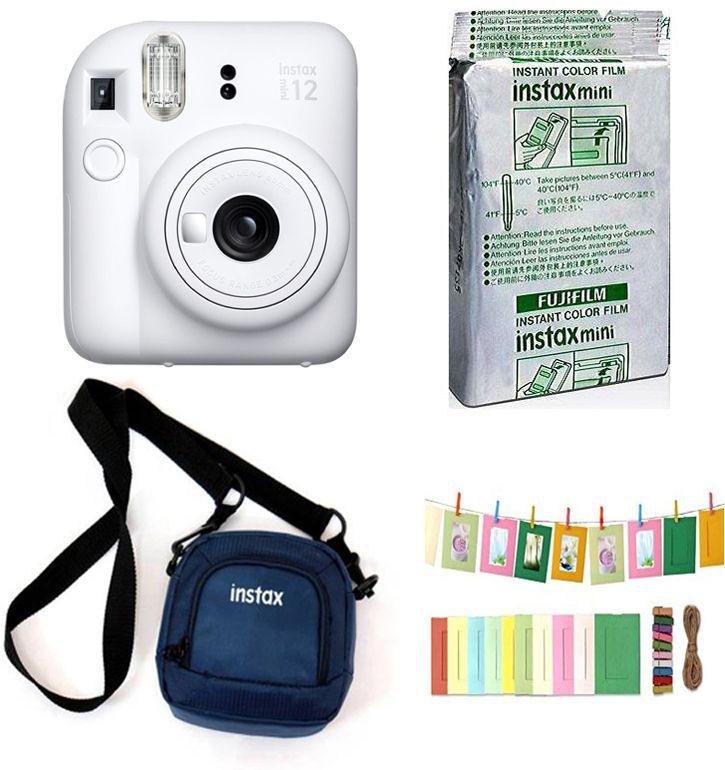 FUJIFILM Instax mini 12 Clay White Instant Camera+10x1 Film+Instax Blue Carrying Case with bunting1 Instant Camera-picture-11