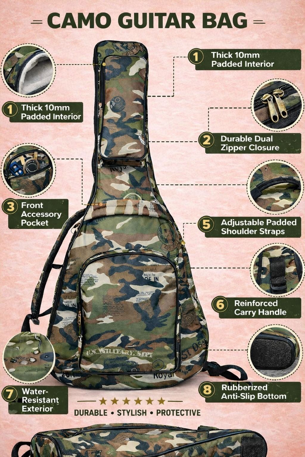 music galaxy ARMY PRINT PADDED GUITAR BAG MGAZ22 Guitar Bag-picture-31