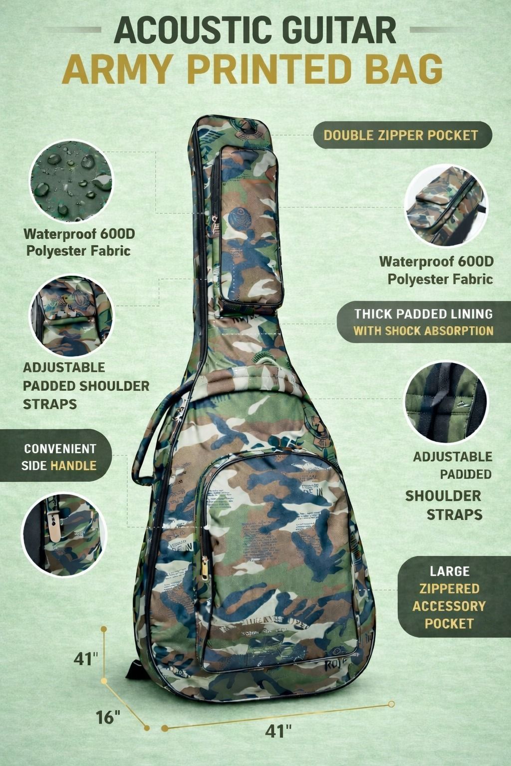 music galaxy ARMY PRINT PADDED GUITAR BAG MGAZ29 Guitar Bag-picture-39