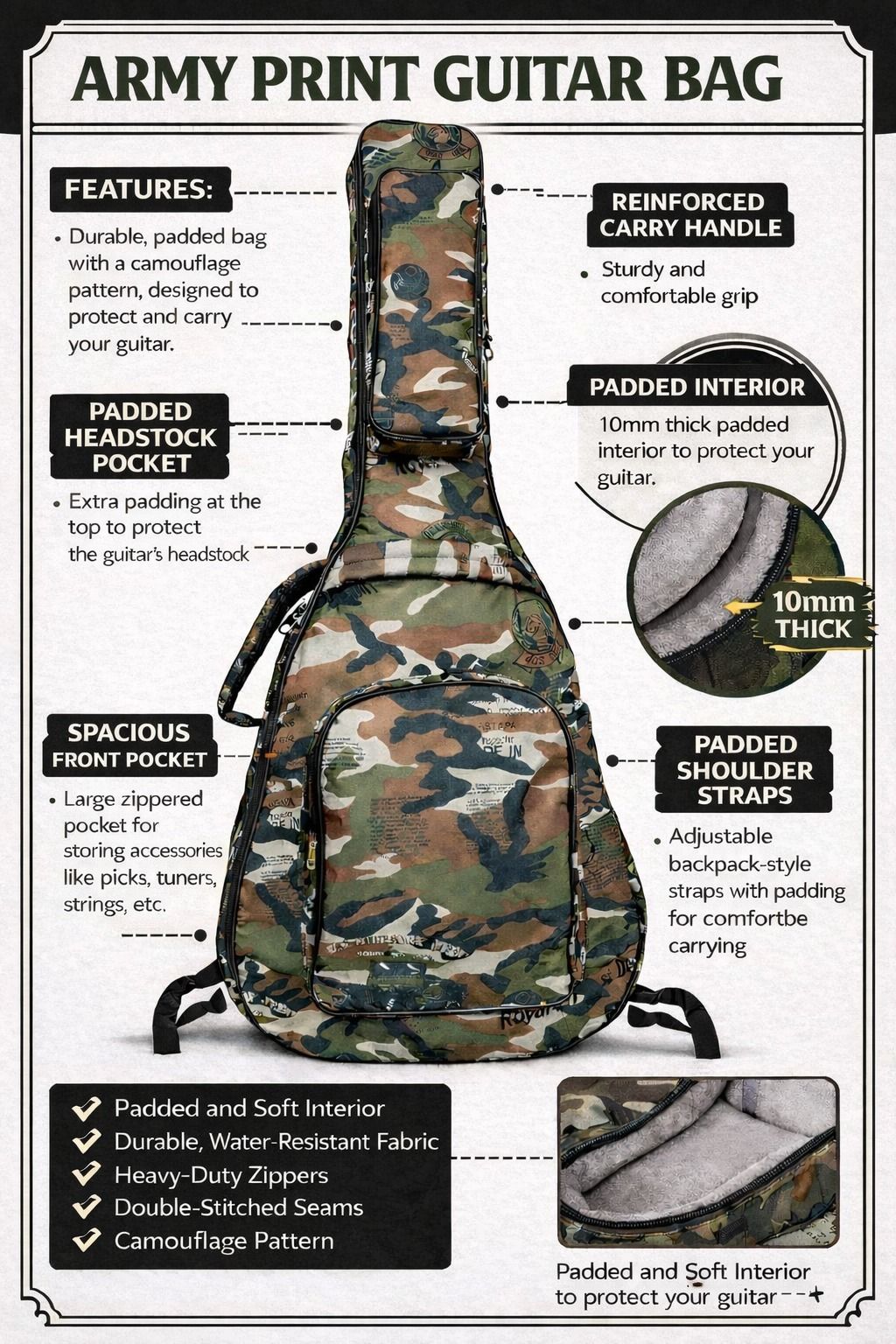 music galaxy ARMY PRINT PADDED GUITAR BAG MGAZ6 Guitar Bag-picture-31