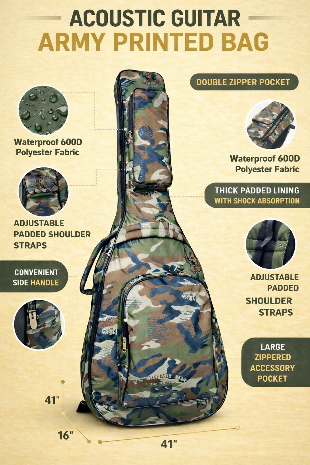 music galaxy ARMY PRINT PADDED GUITAR BAG MGAZ18 Guitar Bag-picture-19