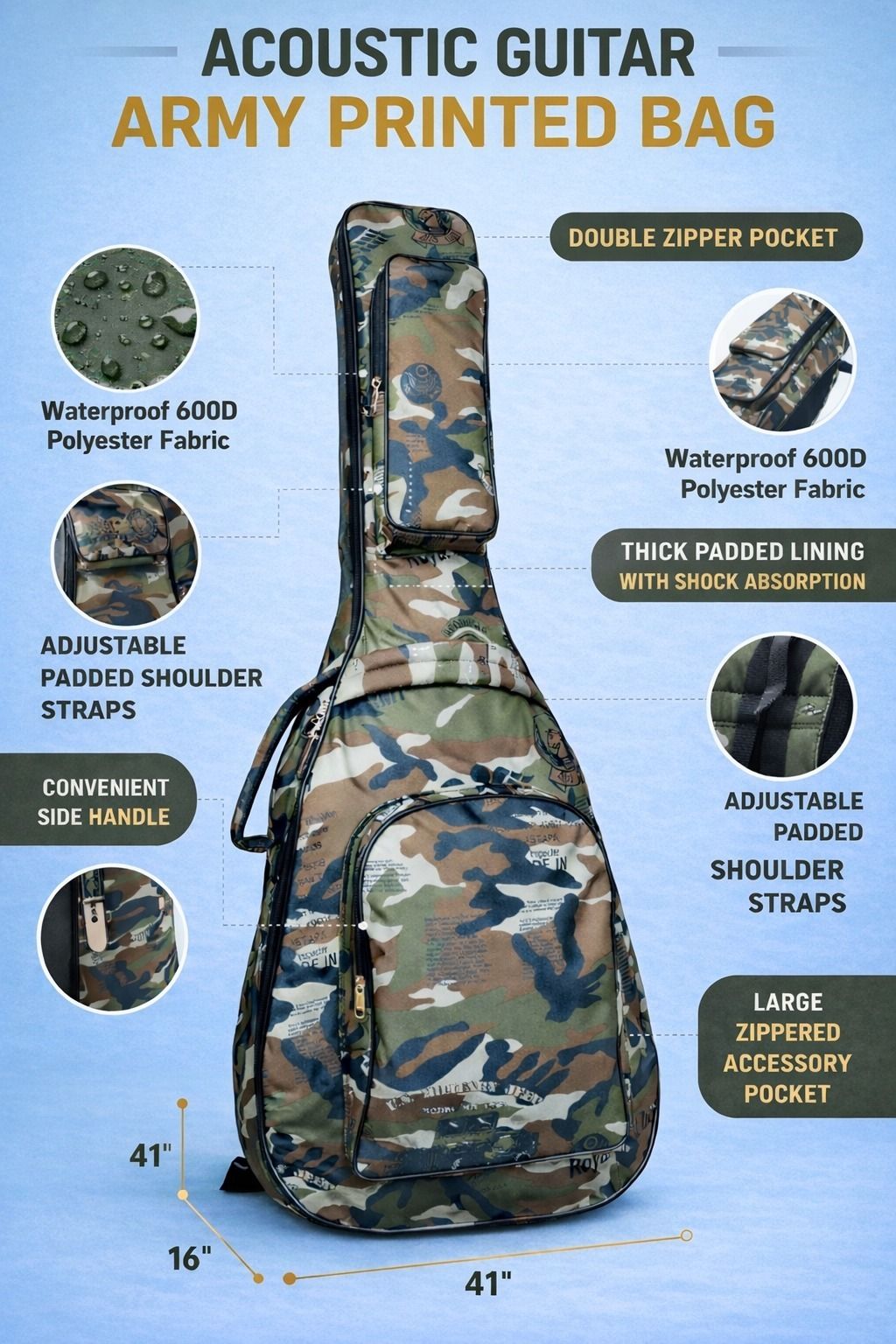 music galaxy ARMY PRINT PADDED GUITAR BAG MGAZ33 Guitar Bag-picture-40