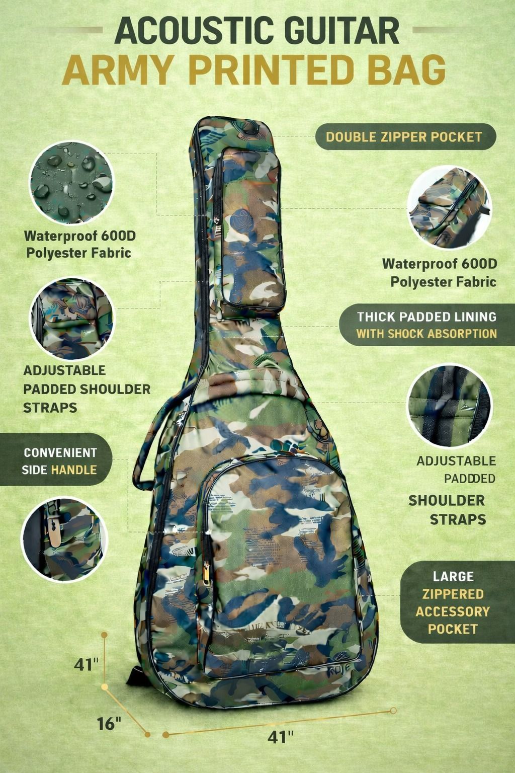 music galaxy ARMY PRINT PADDED GUITAR BAG MGAZ16 Guitar Bag-picture-13