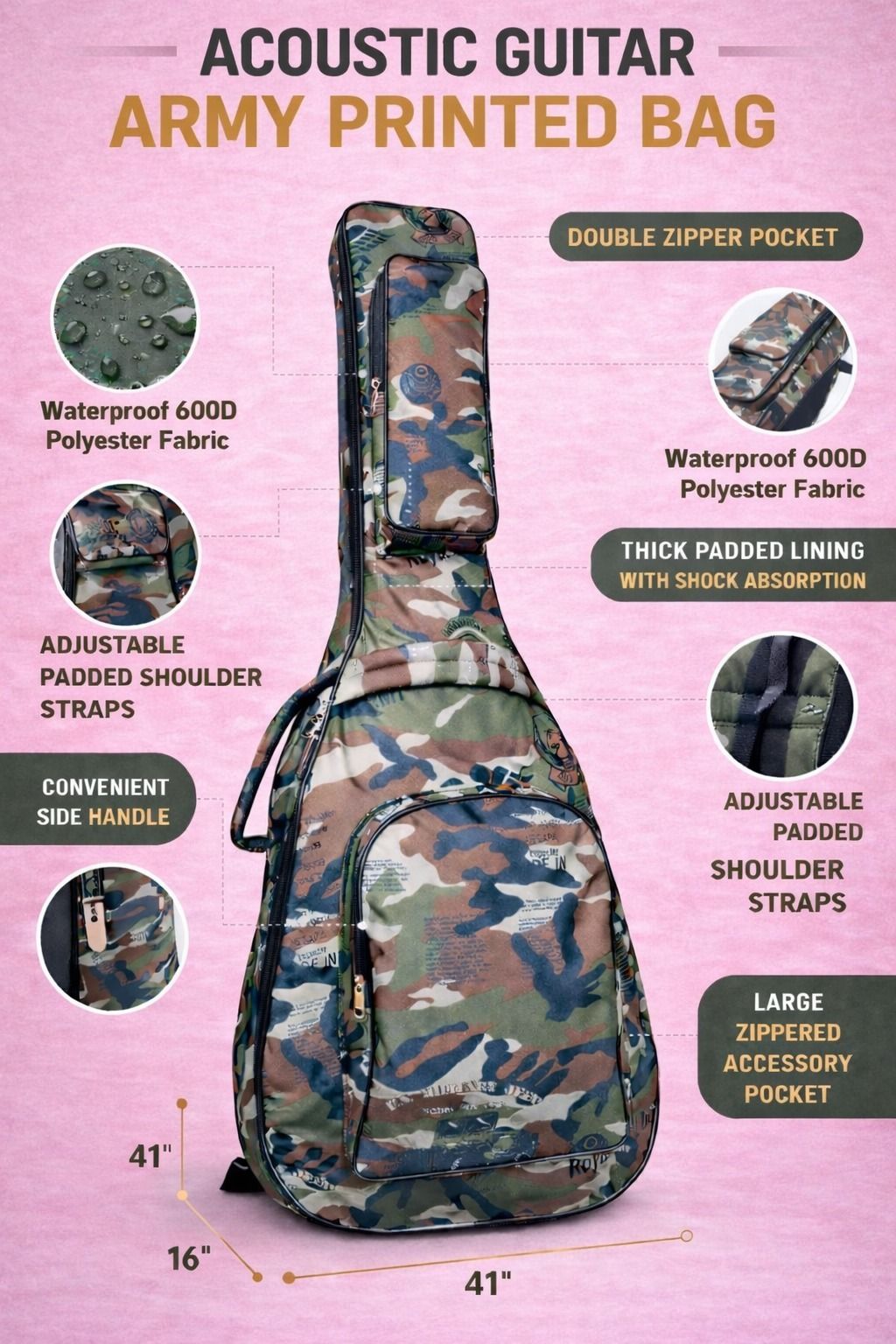 music galaxy ARMY PRINT PADDED GUITAR BAG MGAZ31 Guitar Bag-picture-25