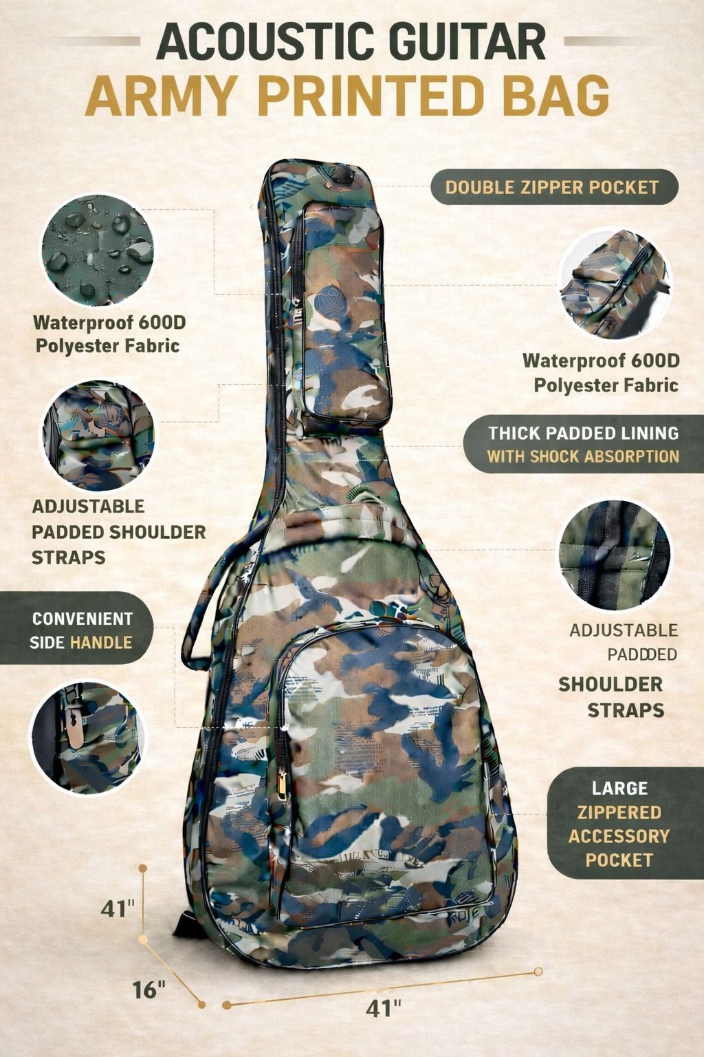 music galaxy ARMY PRINT PADDED GUITAR BAG MGAZ24 Guitar Bag-picture-35