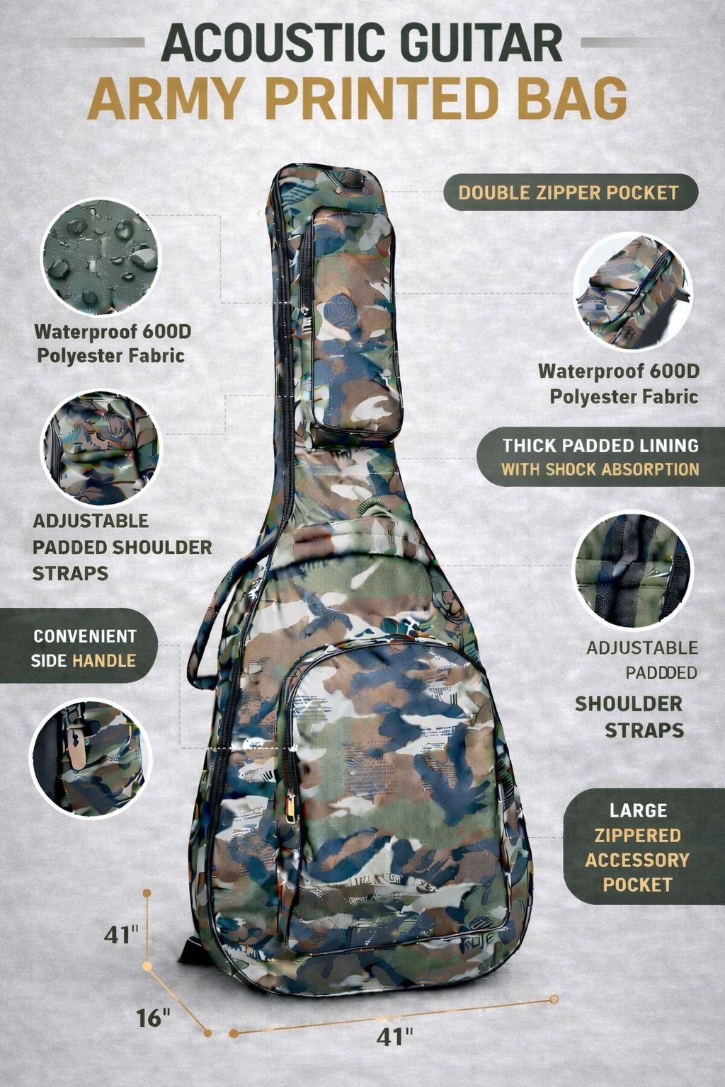 music galaxy ARMY PRINT PADDED GUITAR BAG MGAZ15 Guitar Bag-picture-43