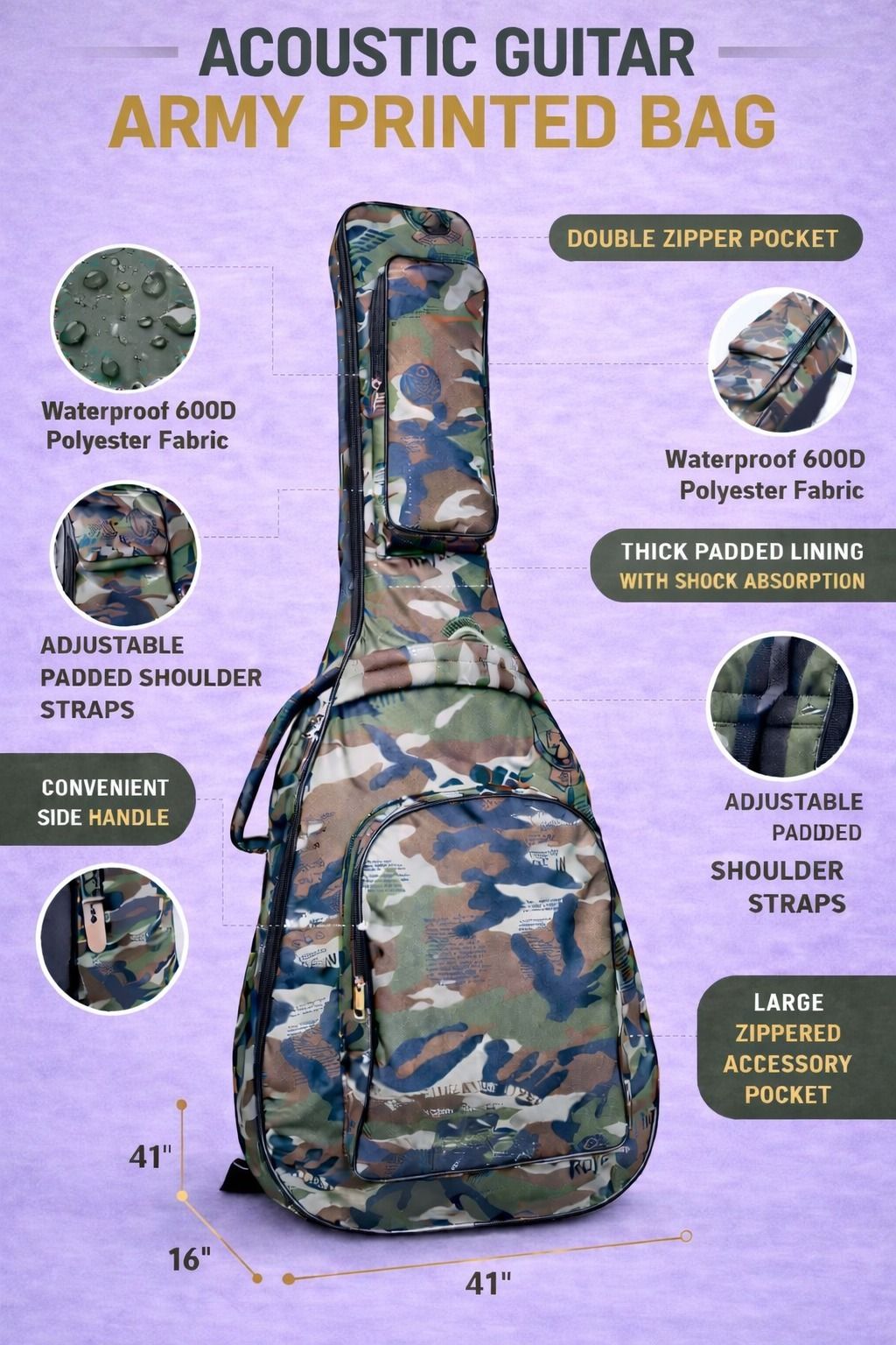 music galaxy ARMY PRINT PADDED GUITAR BAG MGAZ17 Guitar Bag-picture-33