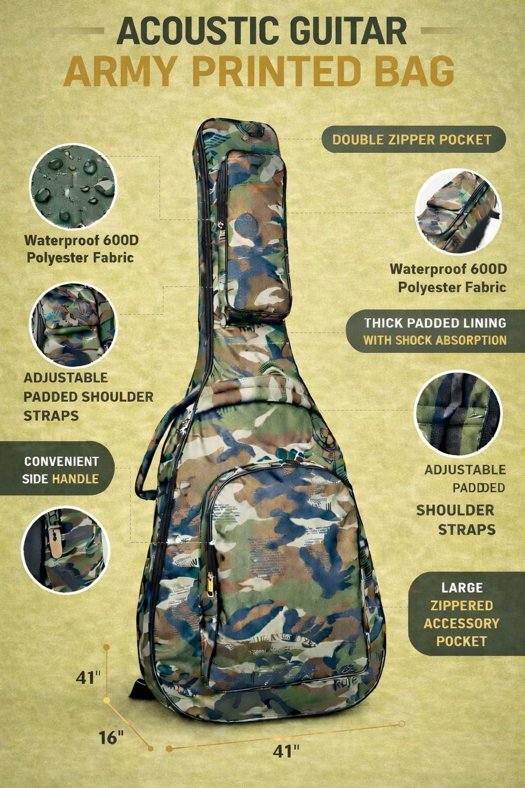 music galaxy ARMY PRINT PADDED GUITAR BAG MGAZ26 Guitar Bag-picture-41