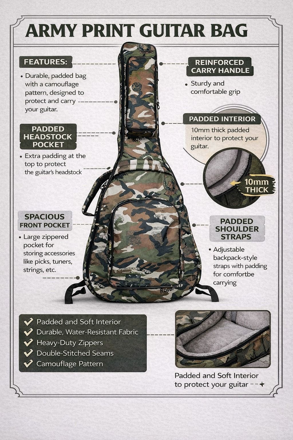 music galaxy ARMY PRINT PADDED GUITAR BAG MGAZ3 Guitar Bag-picture-18