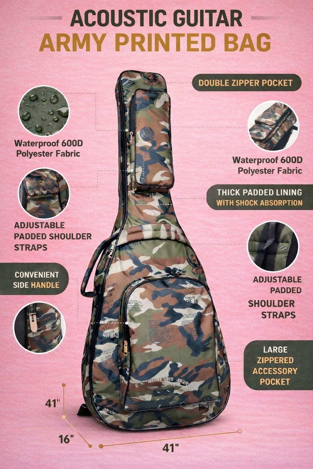 music galaxy ARMY PRINT PADDED GUITAR BAG MGAZ32 Guitar Bag-picture-36