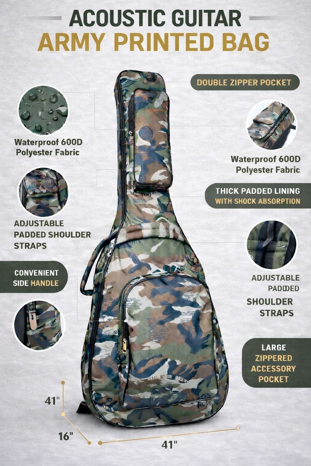 music galaxy ARMY PRINT PADDED GUITAR BAG MGAZ28 Guitar Bag-picture-28