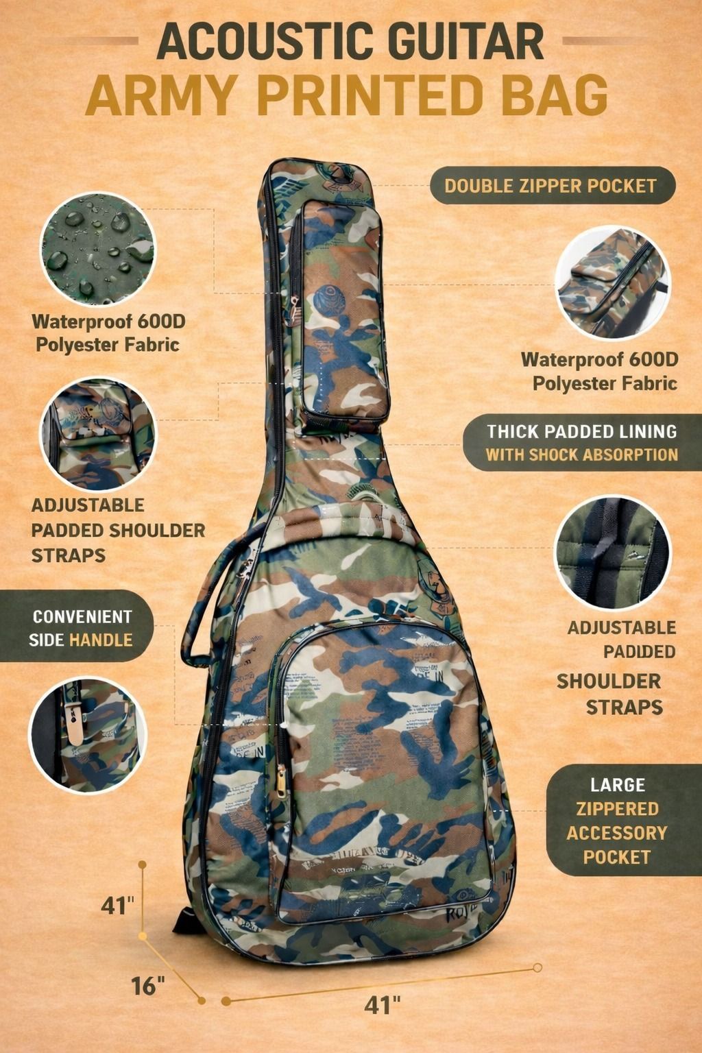 music galaxy ARMY PRINT PADDED GUITAR BAG MGAZ30 Guitar Bag-picture-12