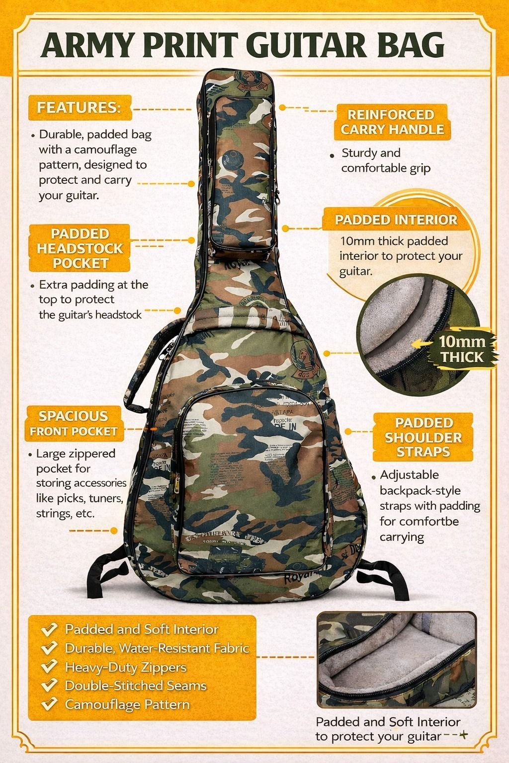 music galaxy ARMY PRINT PADDED GUITAR BAG MGAZ9 Guitar Bag-picture-11