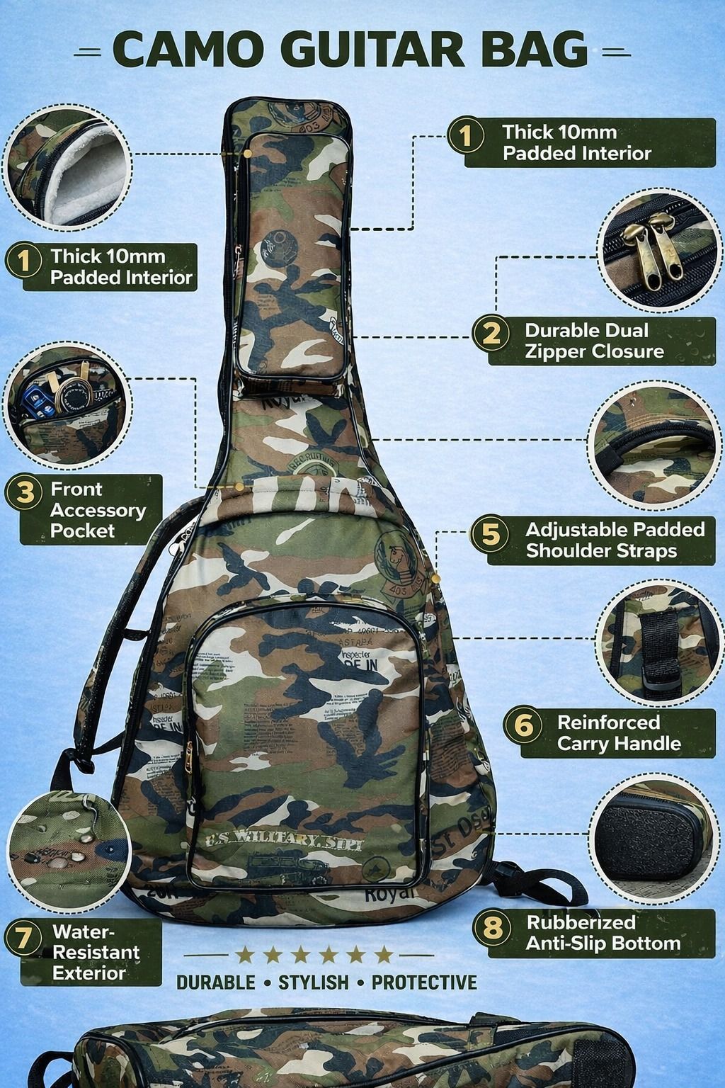 music galaxy ARMY PRINT PADDED GUITAR BAG MGAZ45 Guitar Bag-picture-29