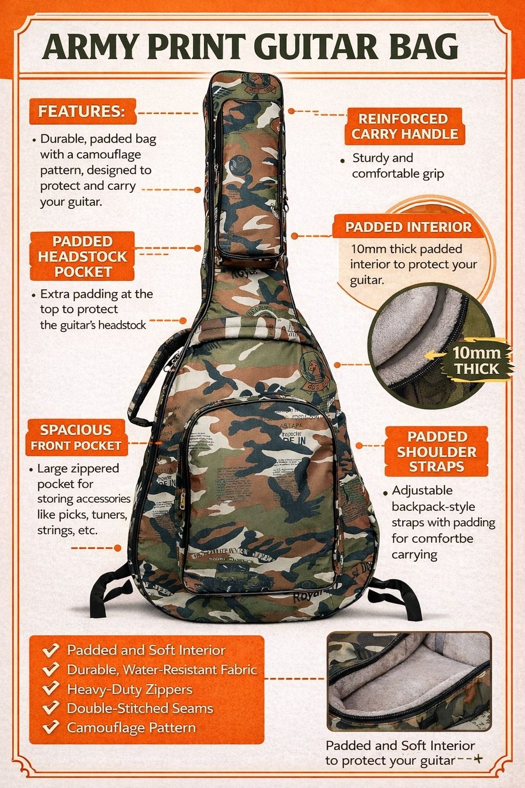 music galaxy ARMY PRINT PADDED GUITAR BAG MGAZ10 Guitar Bag-picture-46