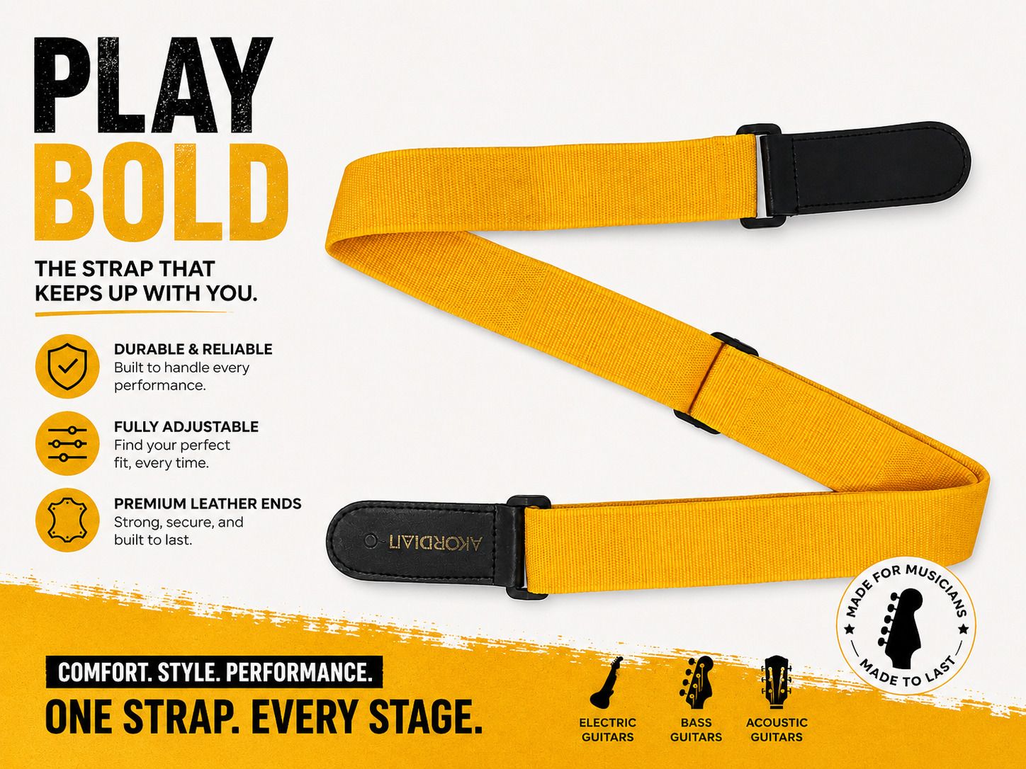 akordian AKO-STP-YEL Adjustable Guitar Strap for Acoustic Electric Bass & Adjustable Nylon Strap-picture-27