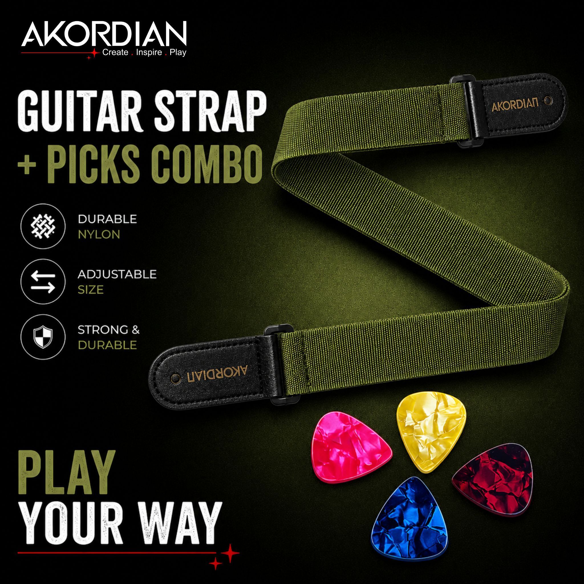 akordian AKO-STP-GRN-PK Adjustable Nylon Guitar Strap with 4 Premium Picks Combo Nylon Strap-picture-48