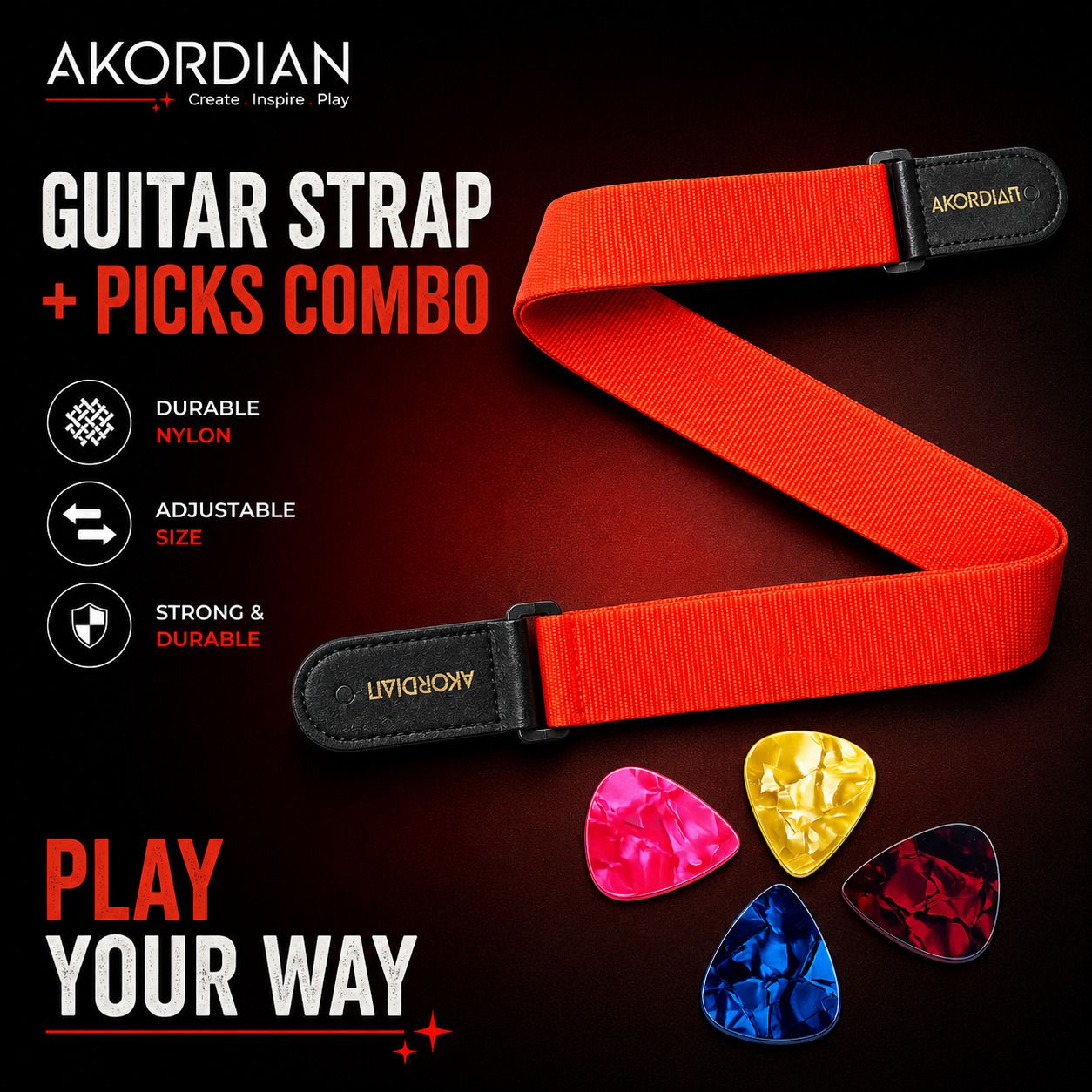 akordian AKO-STP-RD-PK Adjustable Nylon Guitar Strap with 4 Premium Picks Combo Nylon Strap-picture-37