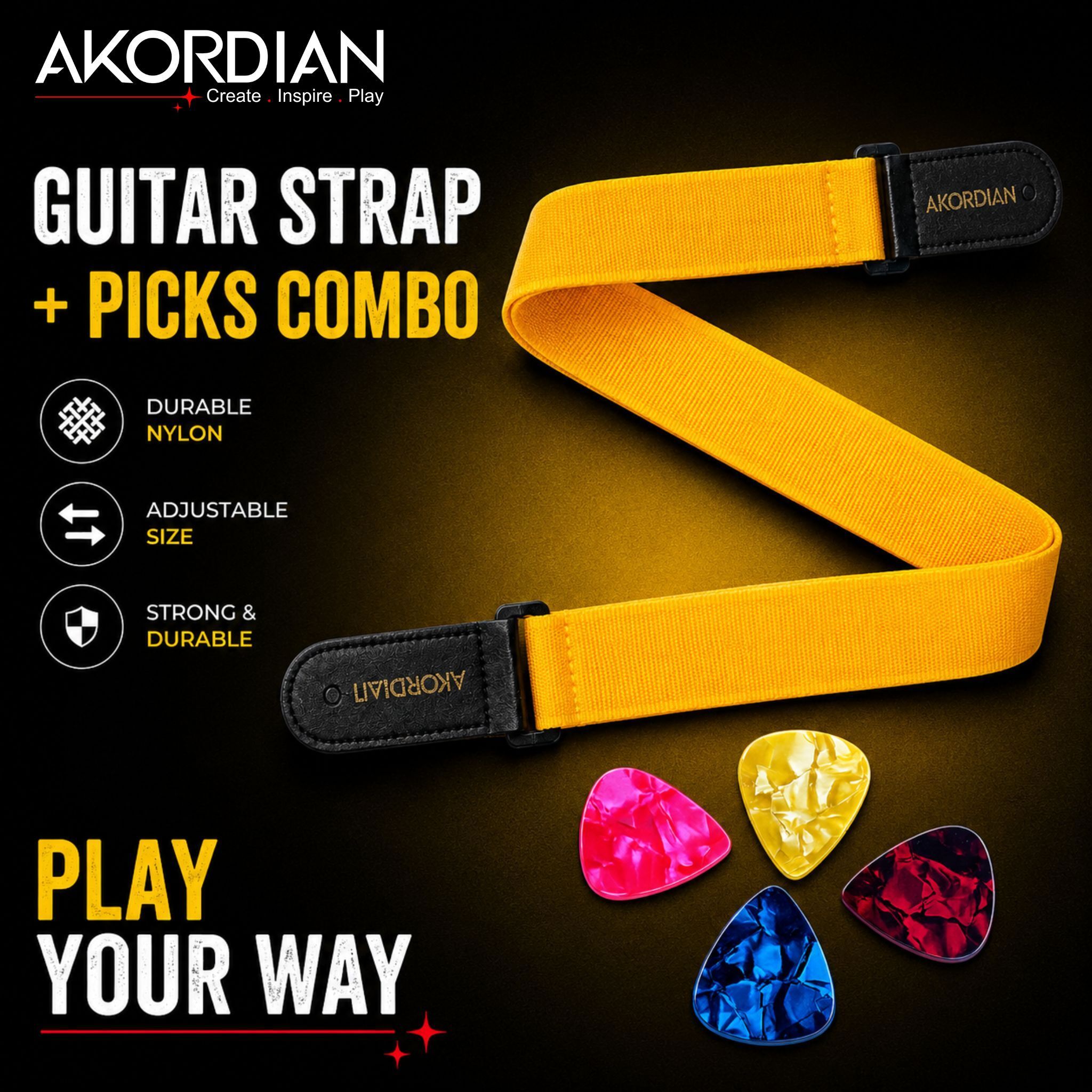 akordian AKO-STP-YEL-PK Adjustable Nylon Guitar Strap with 4 Premium Picks Combo Leather, Nylon Strap-picture-16