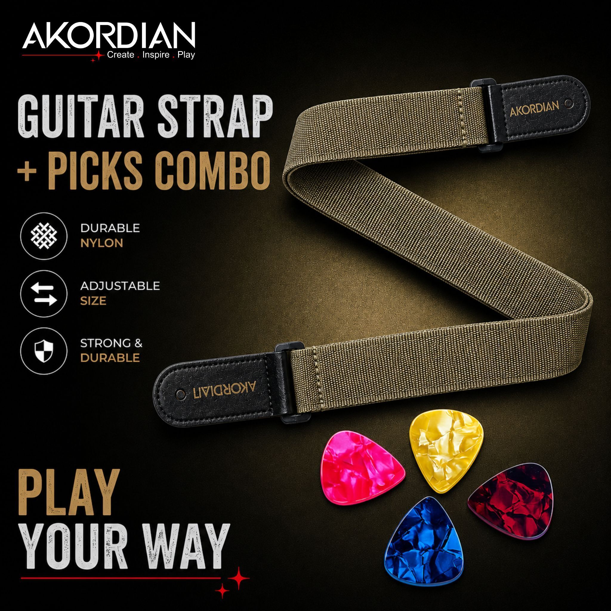akordian AKO-STP-GRY-PK Adjustable Nylon Guitar Strap with 4 Premium Picks Combo Leather, Nylon Strap-picture-38