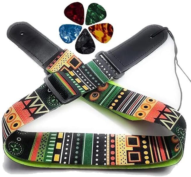 Adjustable Stylish Guitar Belt with Picks Electric Guitar Strap Pu Leather Ends Nylon, Polyester Strap